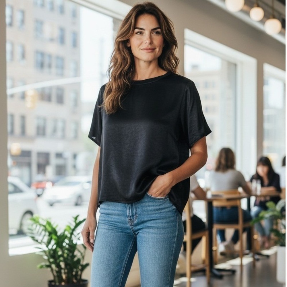 Nation LTD Women Black Satin Short Sleeve Ribbed Neck Top Rayon Size S